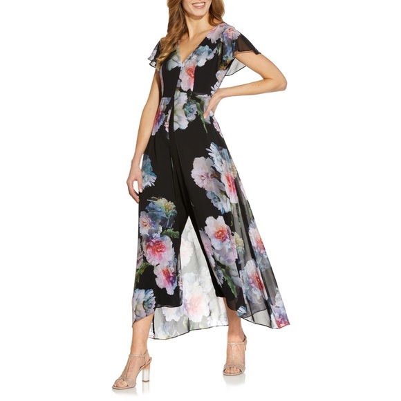 Adrianna Papell Floral Overlay Maxi Wide Leg Jumpsuit in Black Multi Size 16 - Picture 2 of 16